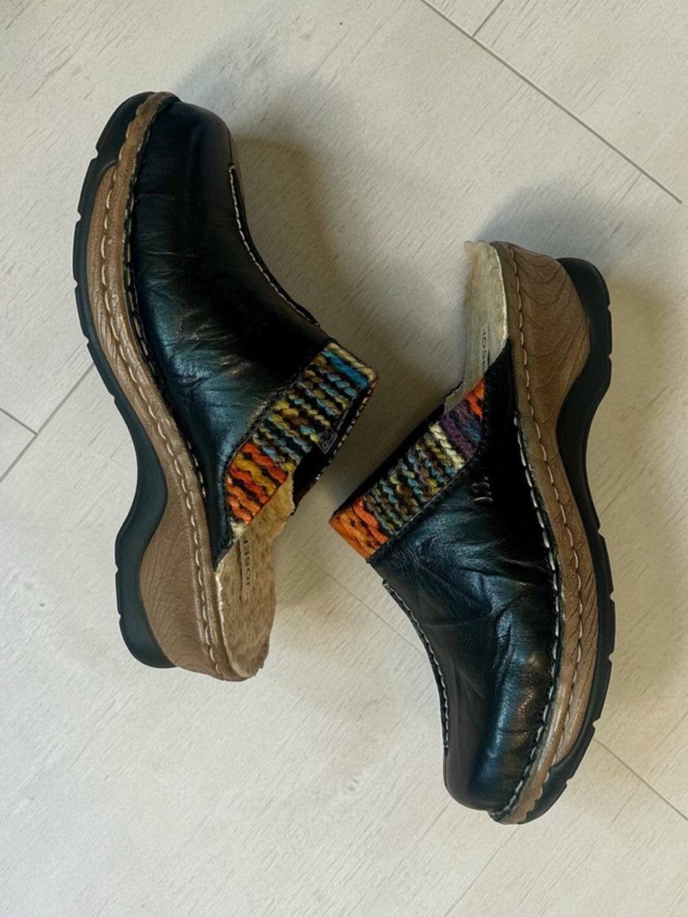 Josef Seibel Black Leather Clogs with Colorful Knit Trim Woman Size EU 38